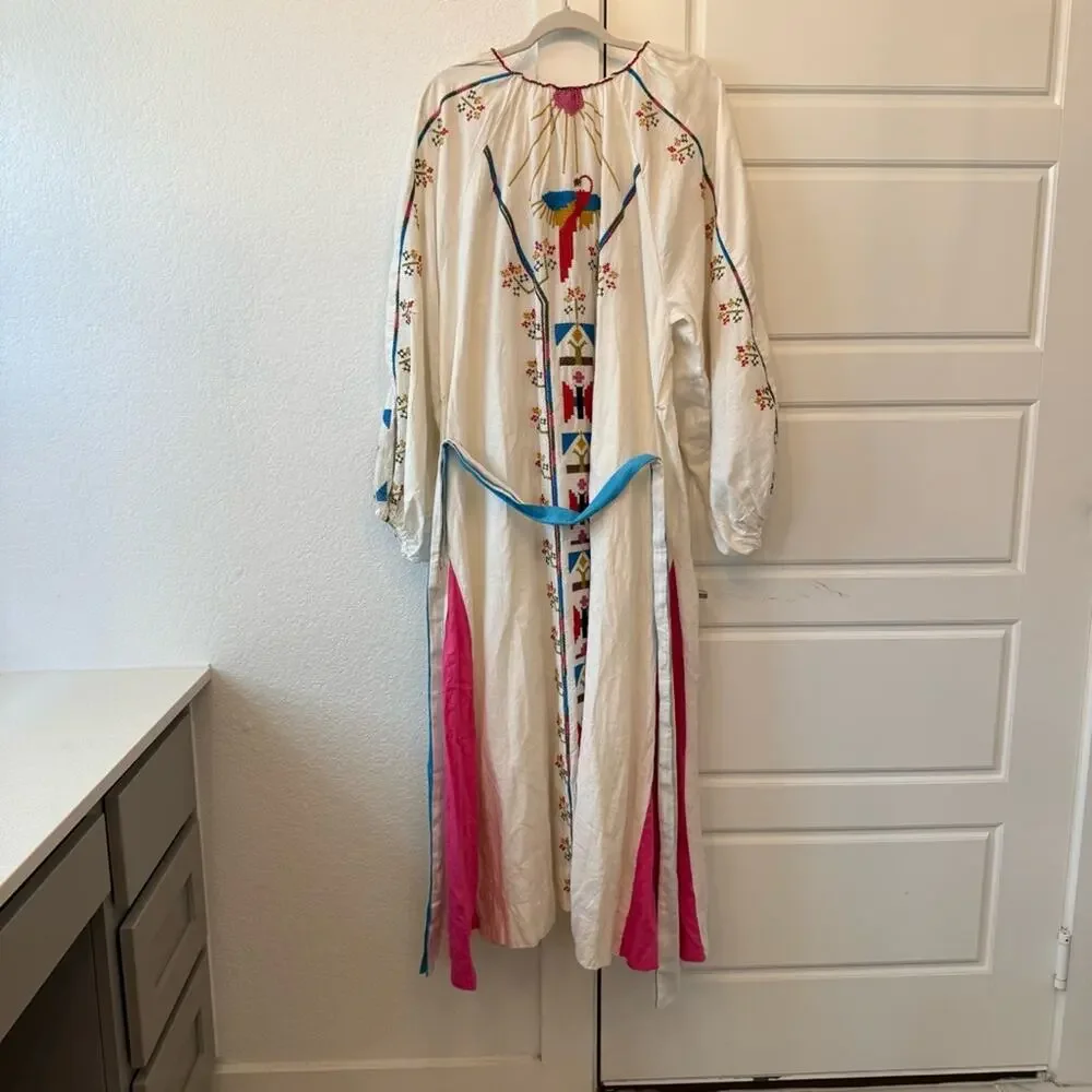 Farm Rio Macaw Embroidered Linen Caftan Midi-Dress